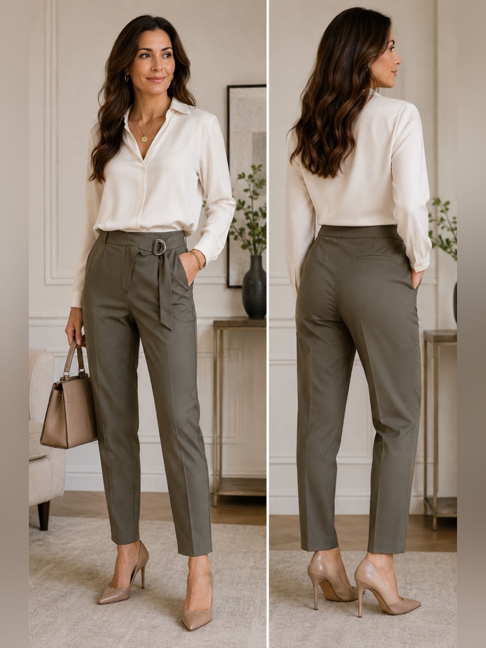 TRISTAN khaki green Flowey tapered belted dress pants trousers Sz 8